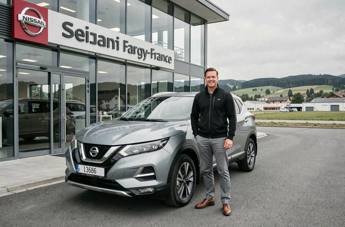 Commercial Nissan présentant un crossover neuf devant la concession Nissan de Segny