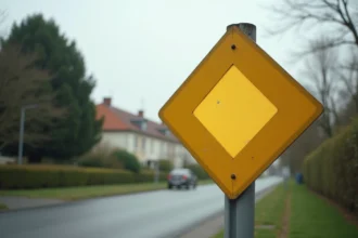 Panneau de priorité losange jaune sur un poteau métallique en bord de route suburbaine française