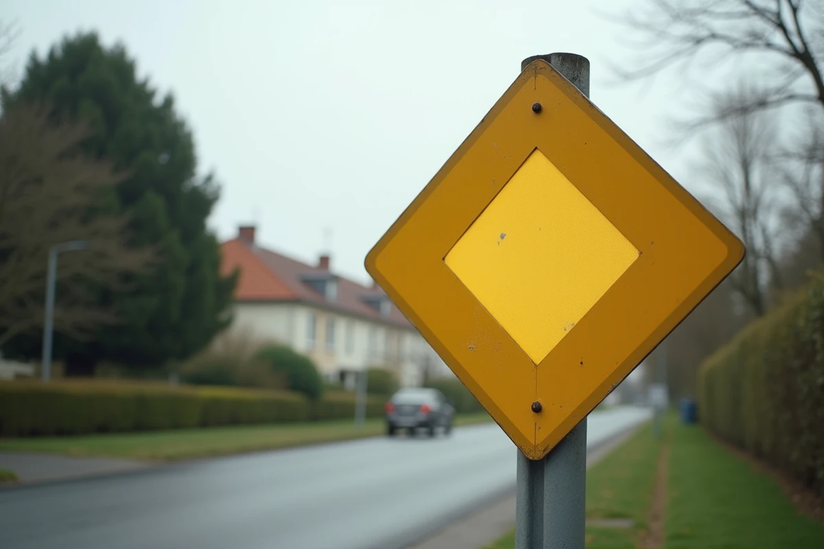 Panneau de priorité losange jaune sur un poteau métallique en bord de route suburbaine française