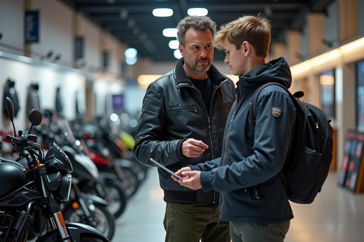 Père et fils discutent de motos au salon