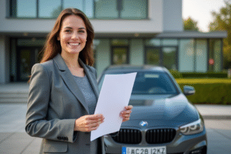Personne souriante tenant des documents devant une voiture européenne