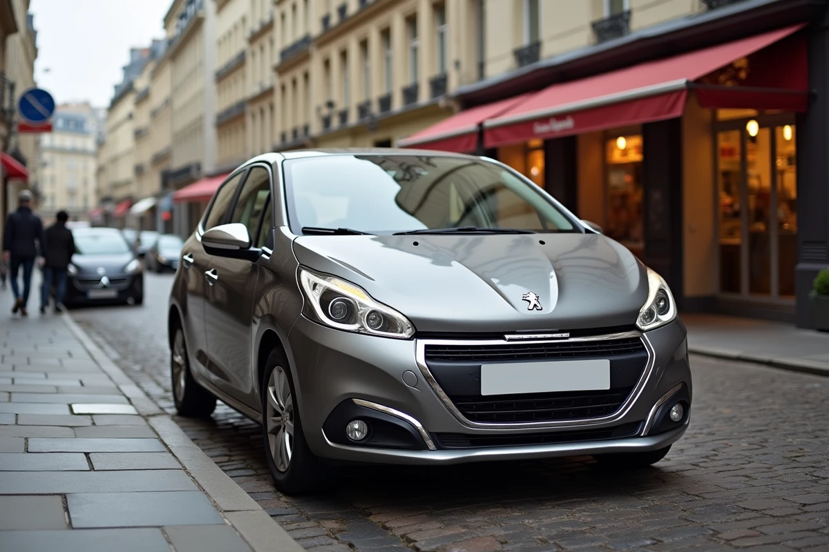 Peugeot 208 garée dans une rue parisienne typique en contexte urbain