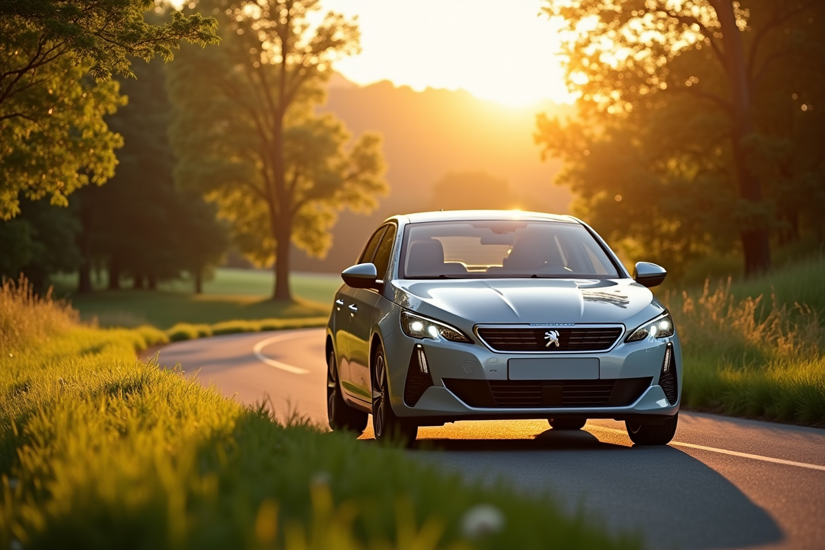 Peugeot 408 hybride en campagne au coucher du soleil