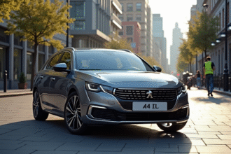 Peugeot 408 hybride en ville sous soleil brillant