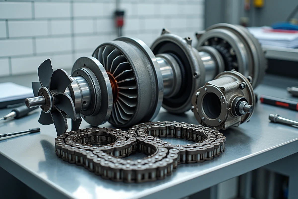 Pièces de moteur TCe démontées incluant turbocompresseur et chaîne de distribution sur établi d'atelier