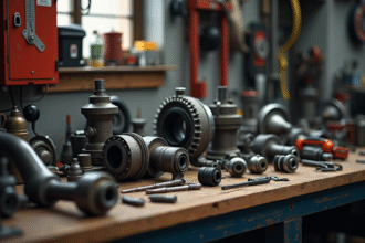 Pièces de voiture vintage et outils dans un atelier lumineux