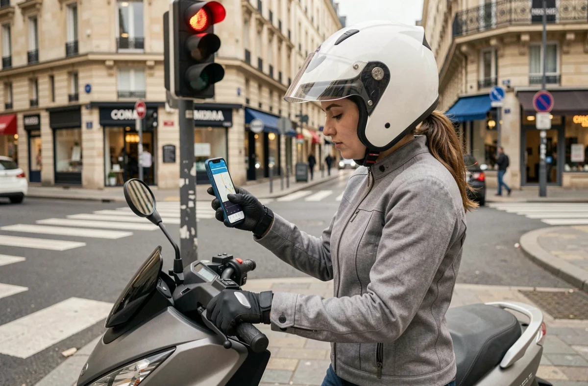 Pilote de scooter XMAX 125 vérifiant la vitesse GPS sur smartphone à un feu rouge en ville