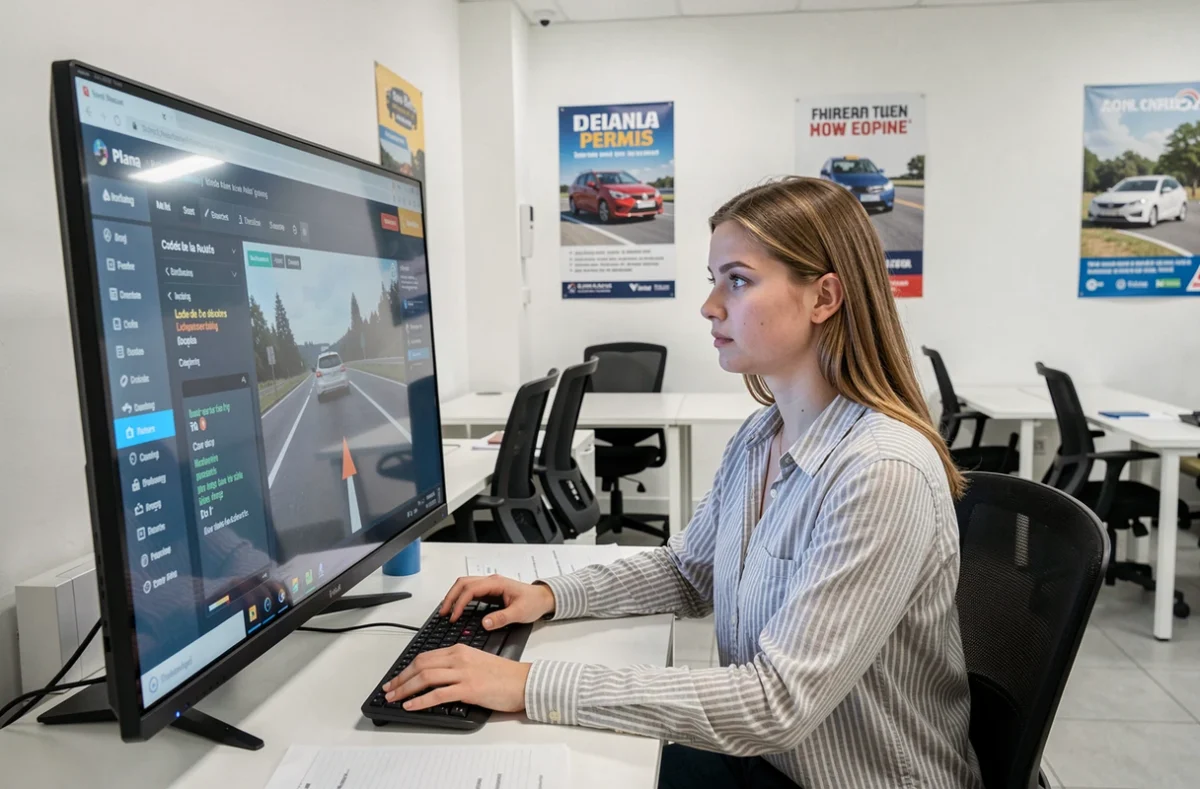 Étudiante travaillant sur un logiciel de code de la route dans la salle de cours moderne de Plana Permis à Toulouse