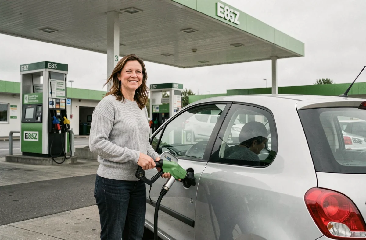 Femme faisant le plein d'E85 bioéthanol à une station-service après reprogrammation moteur Shiftech Lille