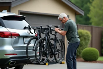 Porte-vélo attelage 4 vélos fixé sur un SUV avec protections de cadres et sangles rembourrées
