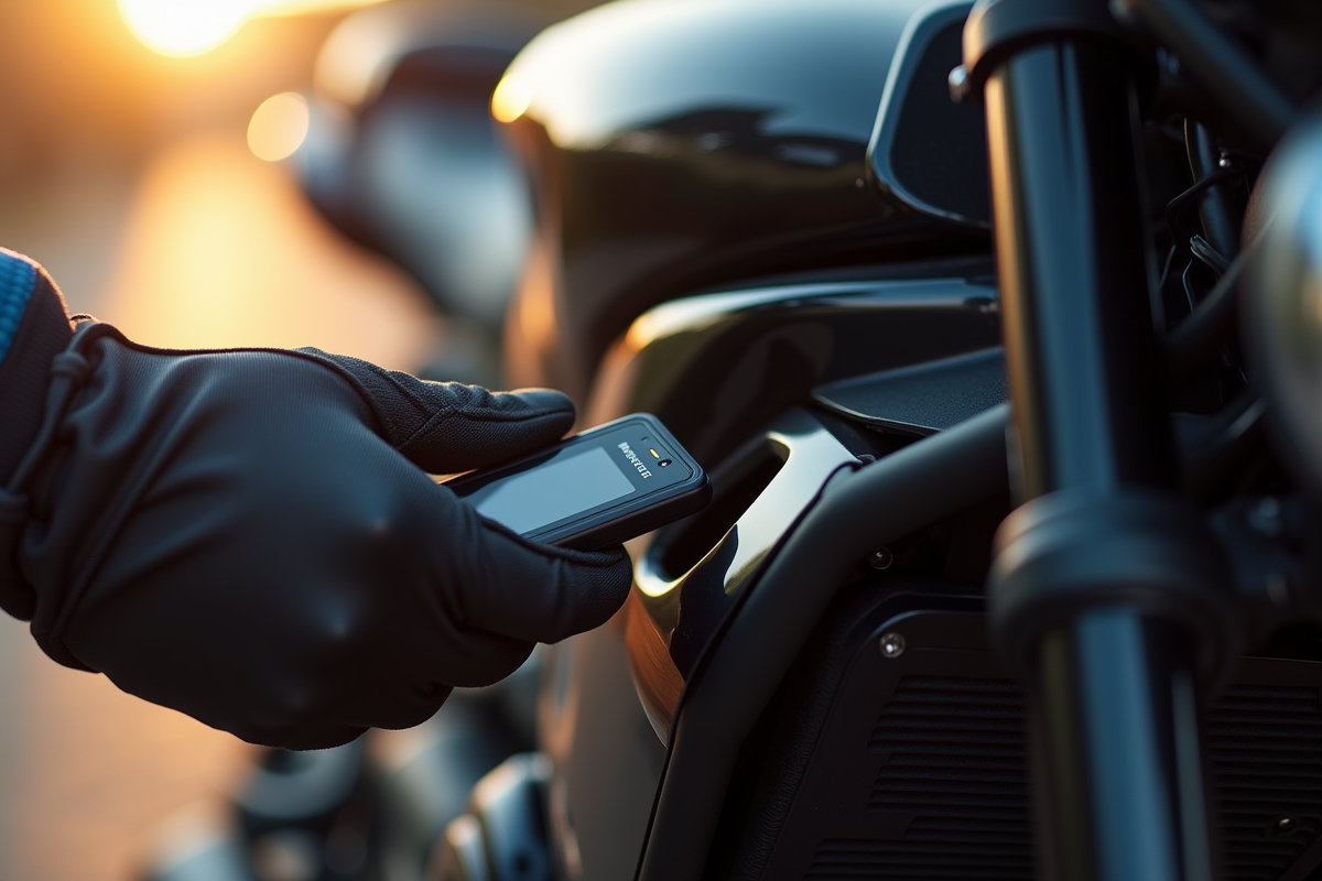 Main gantée fixant un petit GPS dans un panneau latéral de moto