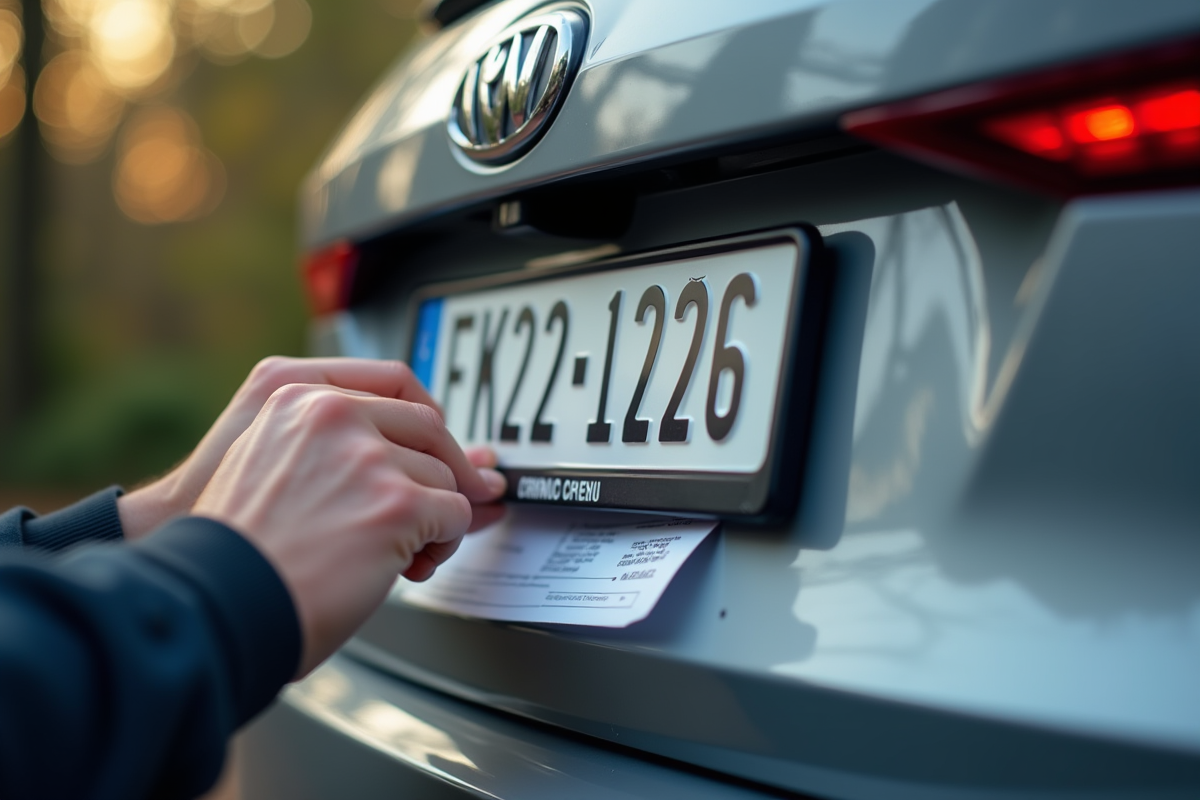 Mains fixant une nouvelle plaque d immatriculation sur une voiture