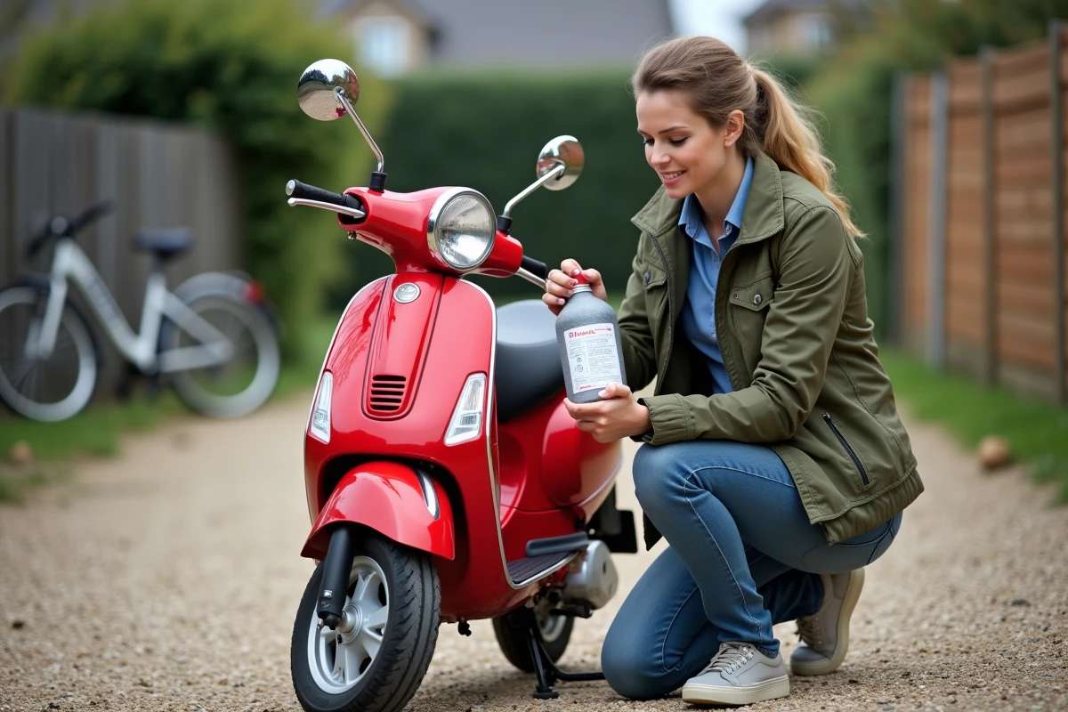 Femme préparant le carburant deux temps pour un scooter dans une allée résidentielle