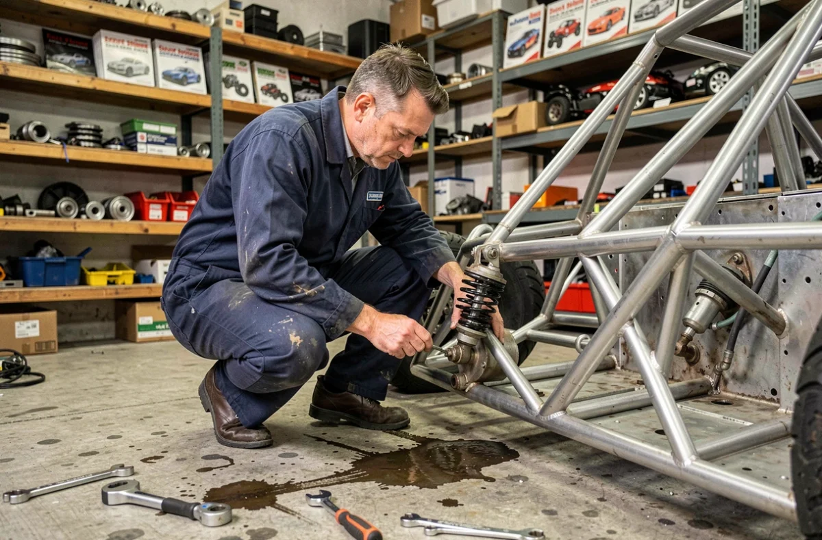 Mécanicien inspectant le châssis d'un Saxo Kit Car dans un atelier de préparation mécanique