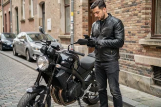 Motard comparant les prix d'une assurance moto 500cc sur son smartphone en milieu urbain