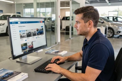 Professionnel de l'automobile consultant des offres de balise auto en ligne sur un écran d'ordinateur dans un bureau de concession