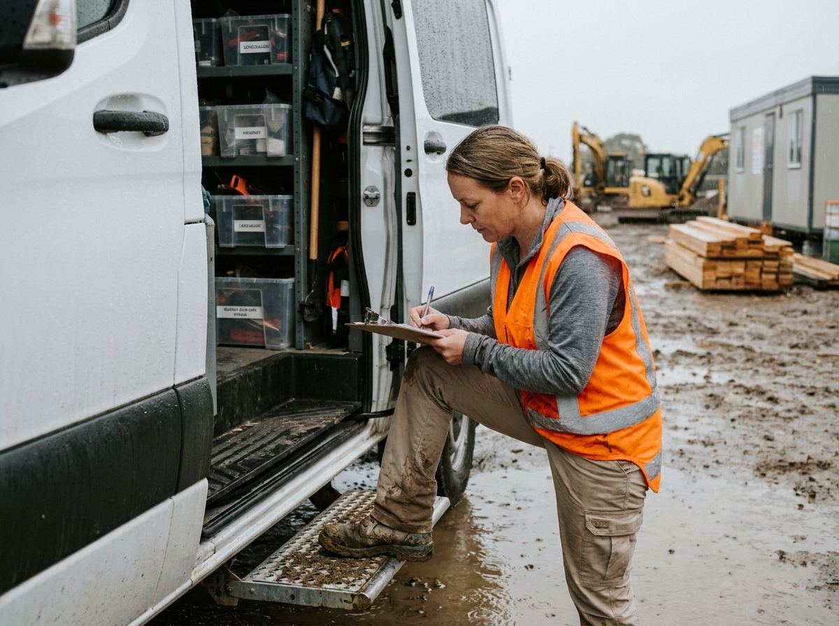 Professionnelle du bâtiment organisant son travail depuis son fourgon aménagé sous la pluie sur chantier