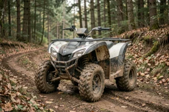 Quad non homologué garé sur un chemin de terre en forêt sans plaque d'immatriculation