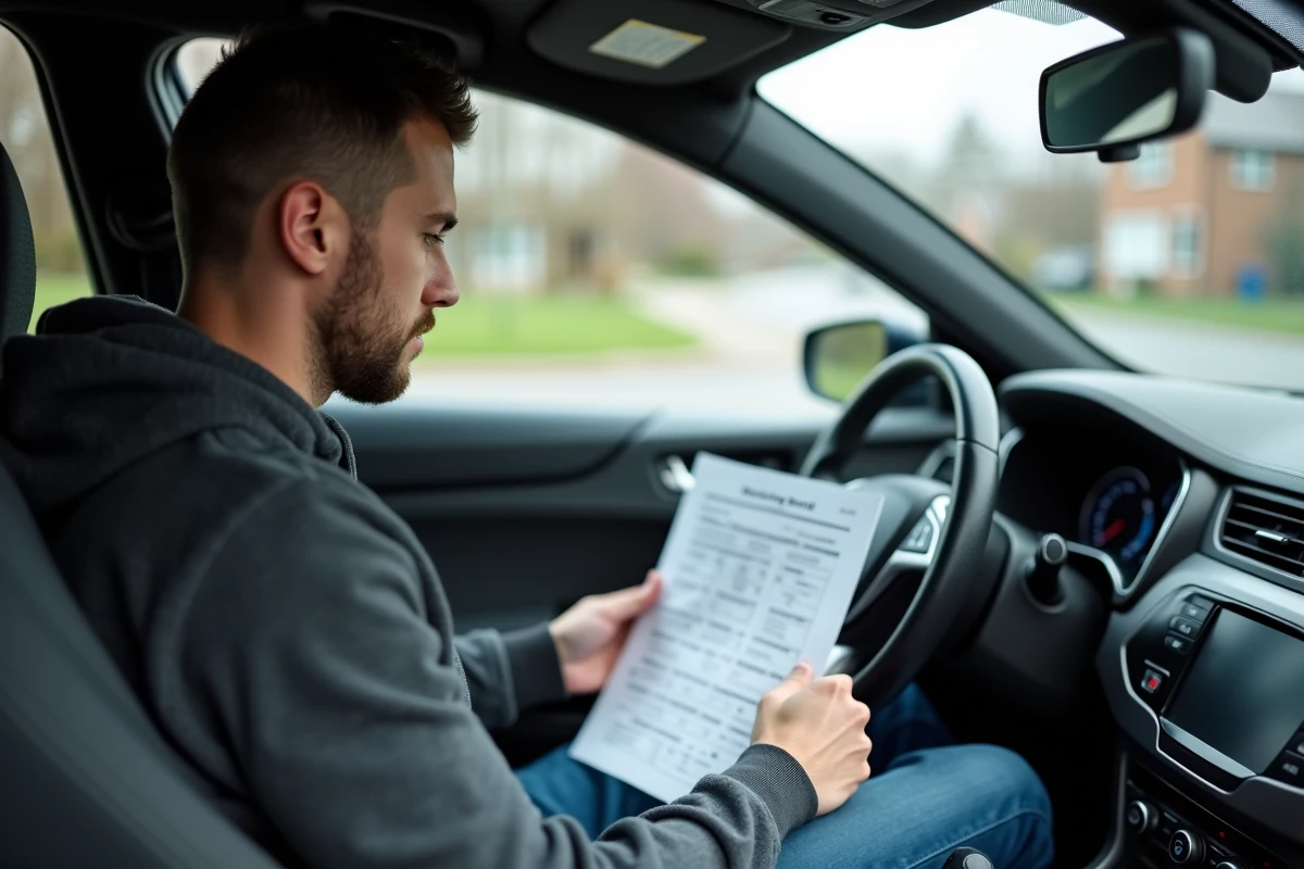 Jeune homme étudiant les questions de vérification du permis de conduire dans une voiture
