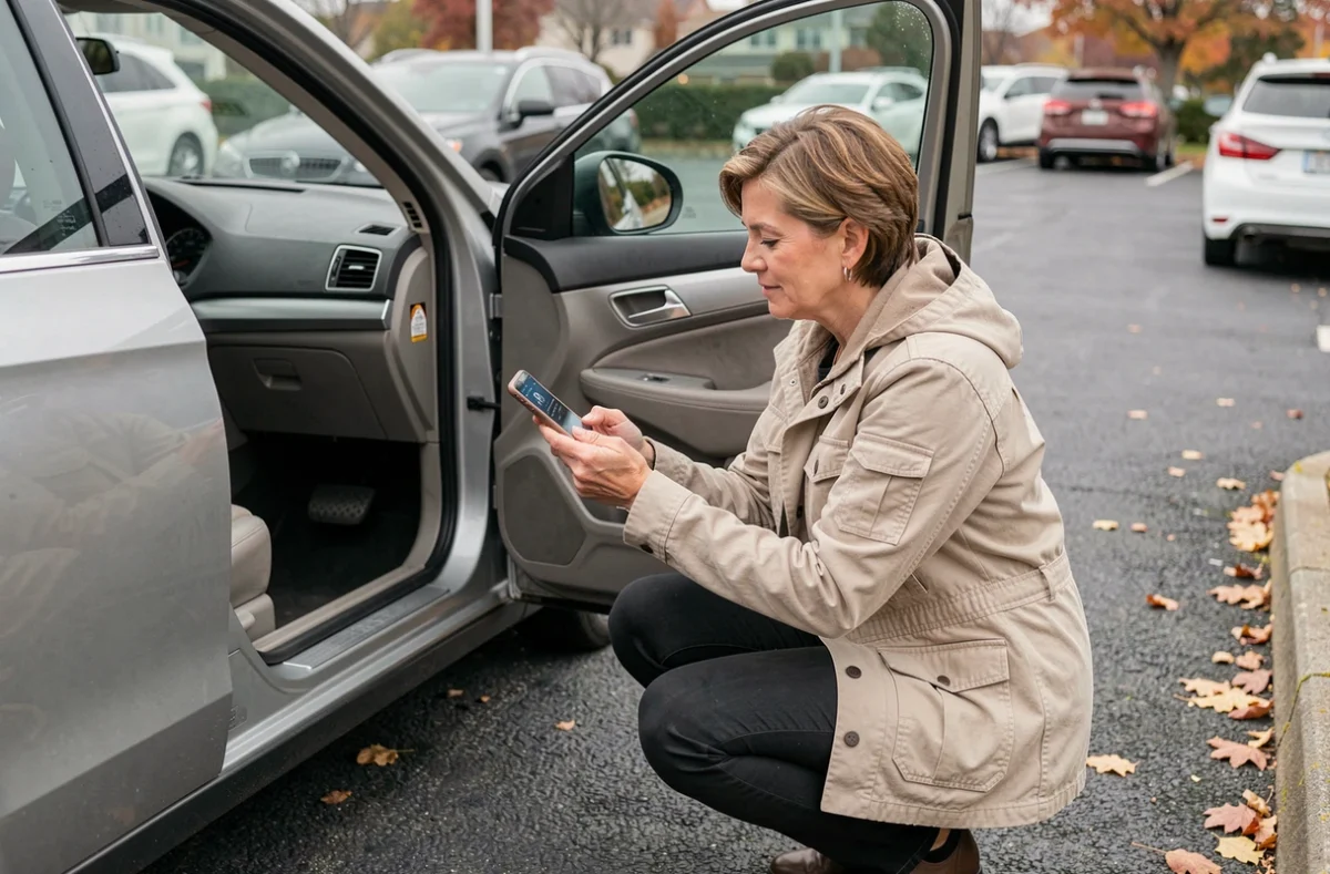Femme recherchant un code radio sur smartphone à côté d'une voiture Renault en stationnement