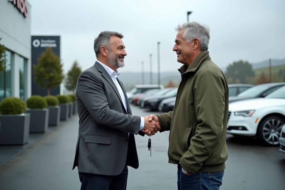 Transaction de vente automobile prestige avec remise des clés entre vendeur et acheteur satisfait