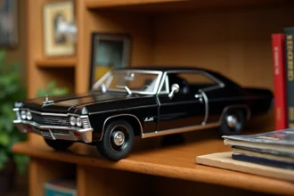 Réplique miniature die-cast 1:18 de la Chevrolet Impala noire de Supernatural posée sur une étagère de collectionneur