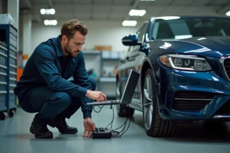 Technicien automobile connectant un ordinateur portable pour la reprogrammation moteur d'un véhicule dans un atelier professionnel