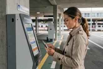 Femme réservant un parking gare de Valence en ligne via smartphone près d'une borne de paiement