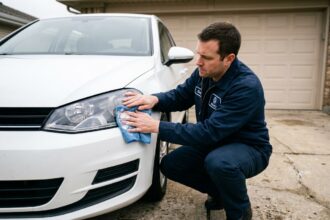 Homme en veste de mécanicien restaurant le phare avant d'une Volkswagen Golf blanche dans une allée résidentielle