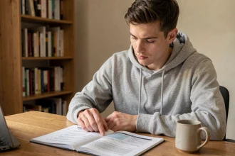 Jeune homme révisant un livret de questions pour le permis de conduire 2026 à son bureau à domicile