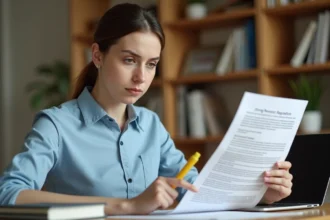 Jeune femme révisant un document PDF de questions pour le permis de conduire à son bureau