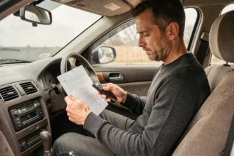 Homme consultant un document pour entrer un code radio sur un autoradio d'occasion installé dans une Renault