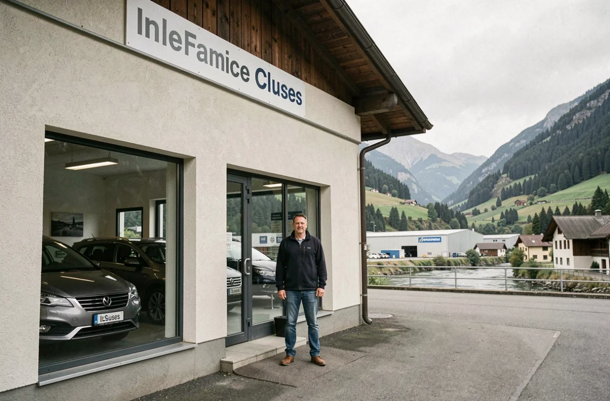 Propriétaire devant la façade de SB Automobiles à Cluses dans la vallée de l'Arve