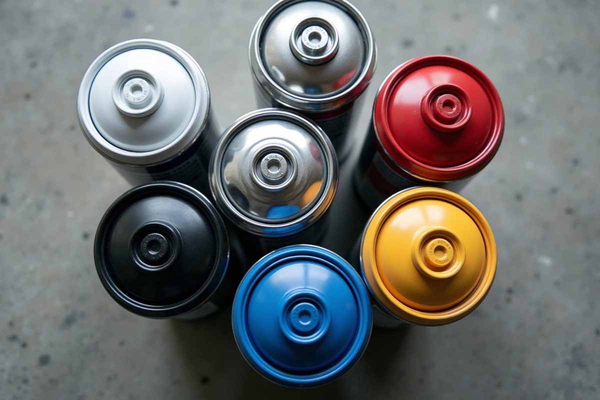 Sélection de bombes de peinture carrosserie en différentes couleurs et finitions sur établi en béton