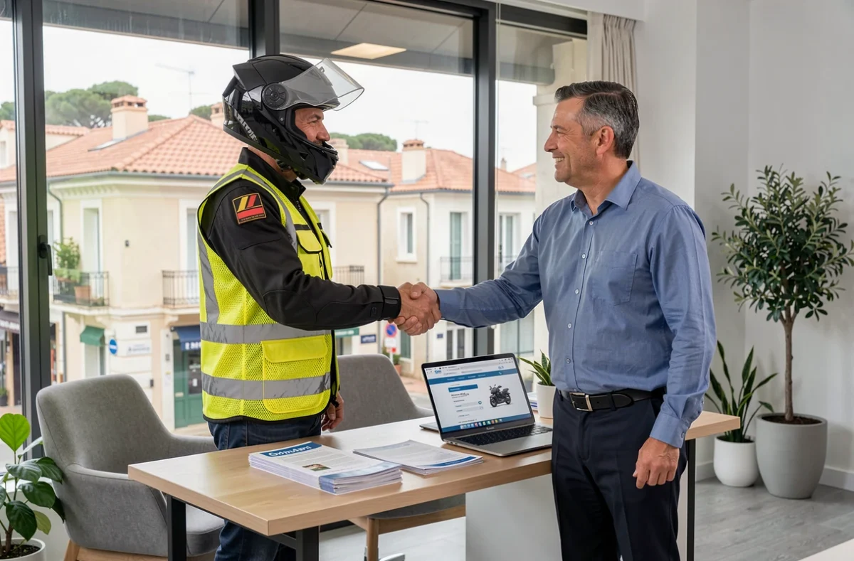 Motard signant son contrat d'assurance moto dans une agence à Nice avec un courtier professionnel