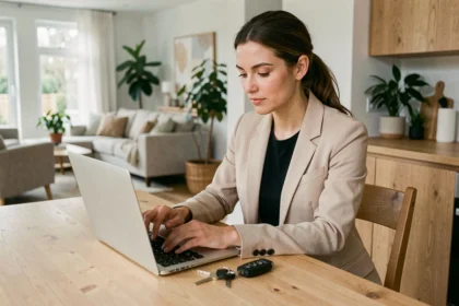 Femme souscrivant une assurance auto rapide en ligne sur son ordinateur portable à la maison