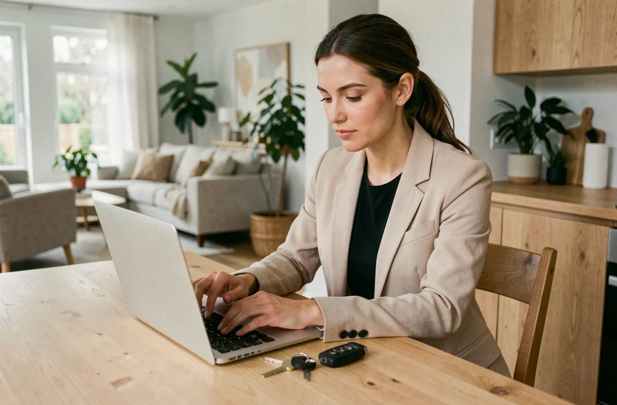 Femme souscrivant une assurance auto rapide en ligne sur son ordinateur portable à la maison
