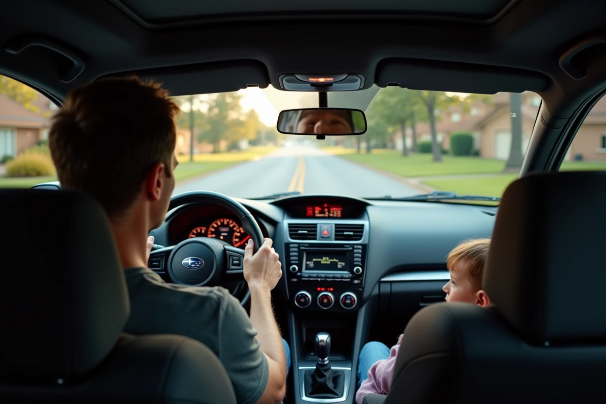 Intérieur d'une Subaru Impreza WRX STI avec siège enfant à l'arrière et conducteur concentré au volant