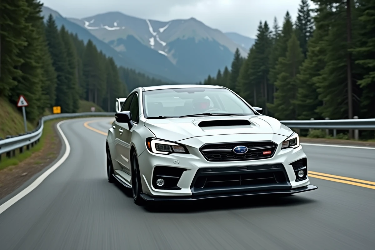 Subaru Impreza STI blanche en virage serré sur une route de montagne sinueuse entourée de forêt de pins