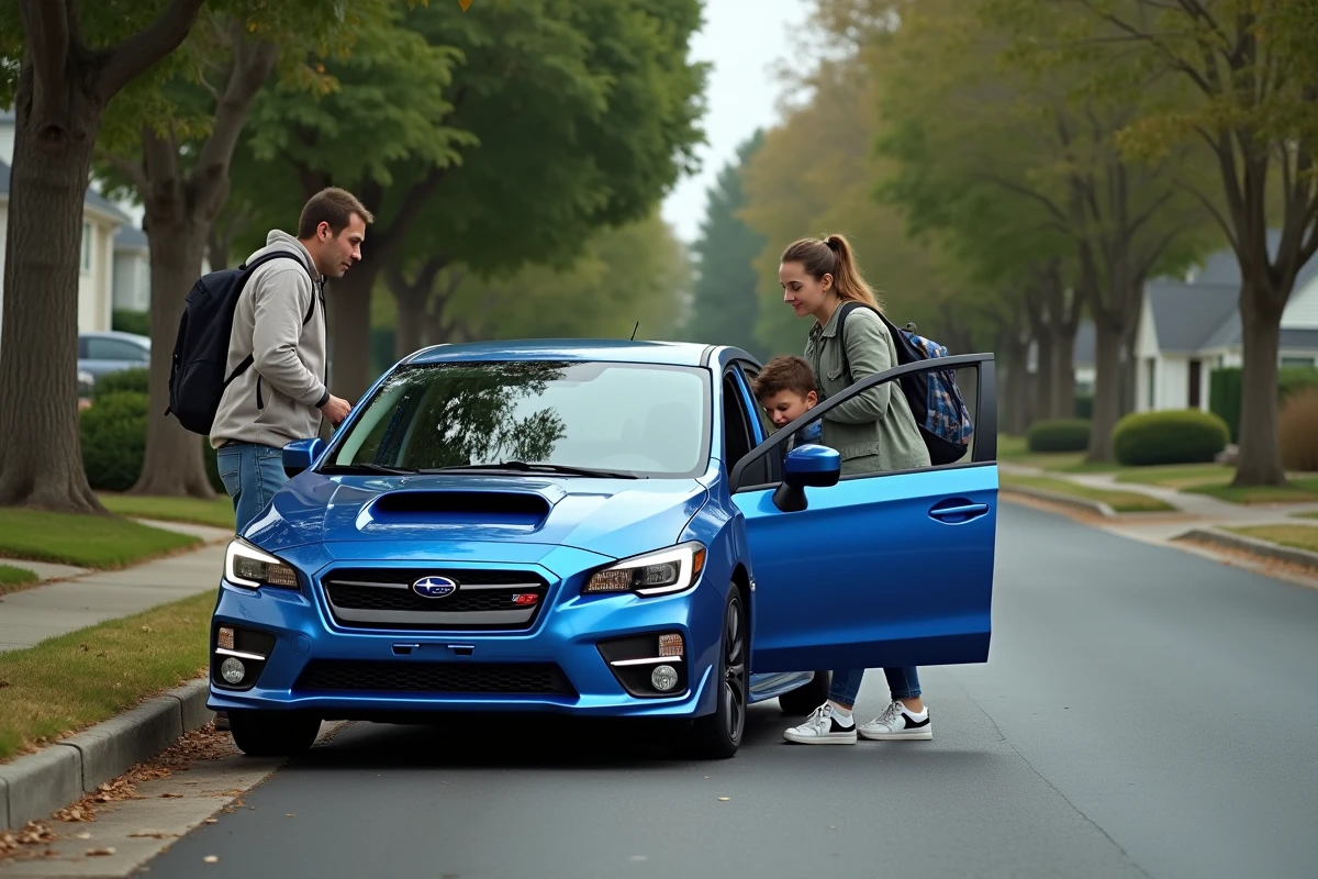 Couple chargent une voiture Subaru Impreza WRX bleue dans un quartier résidentiel, alliant sport et vie de famille