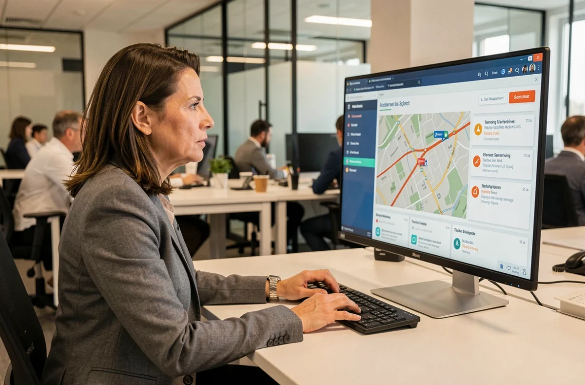 Responsable administrative surveillant les alertes de détection de traceurs GPS sur un tableau de bord de gestion de flotte automobile en entreprise
