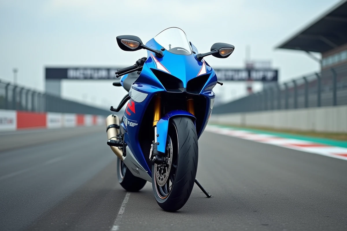 Suzuki GSX-R 750 garée sur le circuit, vue en contre-plongée mettant en valeur le carénage et les détails mécaniques
