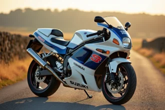 Suzuki GSXR 1100 de 1992 en version originale garée sur une route rurale française avec décors champêtres en arrière-plan