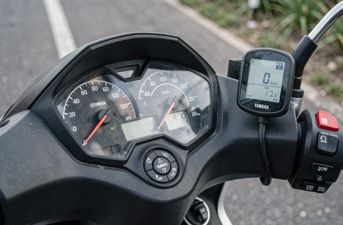 Gros plan sur le tableau de bord du XMAX 125 comparé à un GPS montrant l'écart de vitesse