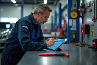 Technicien automobile consultant des données techniques Haynes Pro Workshop sur une tablette dans un atelier professionnel