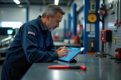 Technicien automobile consultant des données techniques Haynes Pro Workshop sur une tablette dans un atelier professionnel