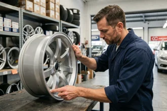 Technicien automobile inspectant une jante en alliage argenté dans un atelier de pneus indépendant