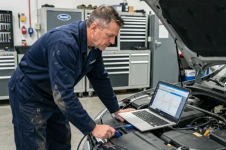 Technicien automobile connectant un ordinateur de diagnostic au port OBD d'un véhicule pour une reprogrammation moteur dans un atelier professionnel