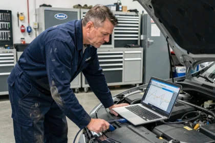 Technicien automobile connectant un ordinateur de diagnostic au port OBD d'un véhicule pour une reprogrammation moteur dans un atelier professionnel