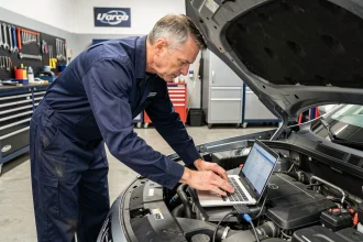 Technicien Shiftech Lille connectant un diagnostic OBD pour reprogrammation moteur E85 sur une berline européenne en atelier